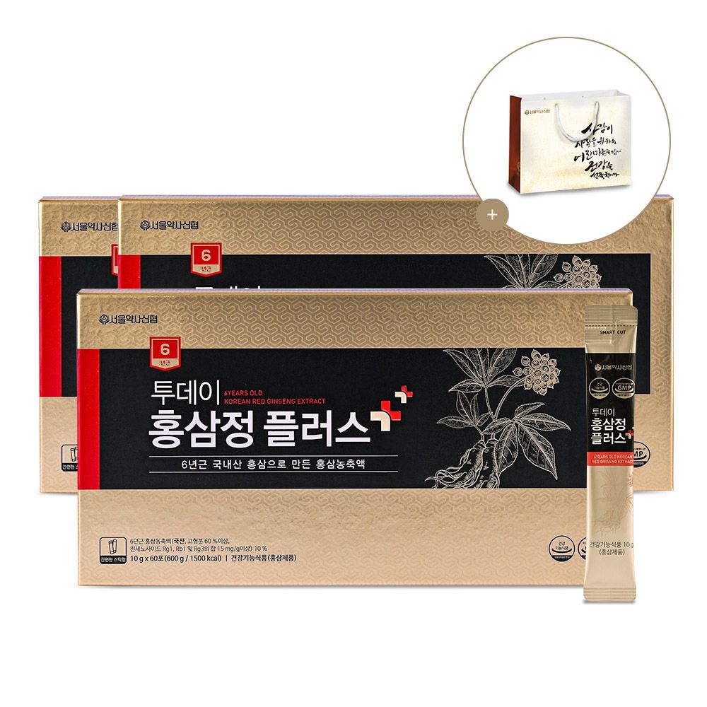 [진세노사이드 15mg] 6년근 투데이 홍삼정 플러스 스틱 10g 60포 3세트+쇼핑백