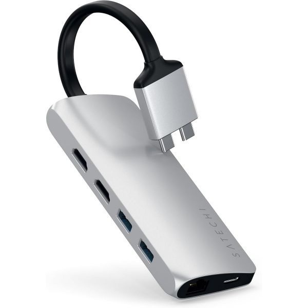 [해외] Satechi 사테치 Type C 듀얼 멀티미디어 어댑터 4K HDMI USB PD 기가비트 이더넷 Micro SD 카드 리더기 3.0 M2 M1 MacBook Pro Max용