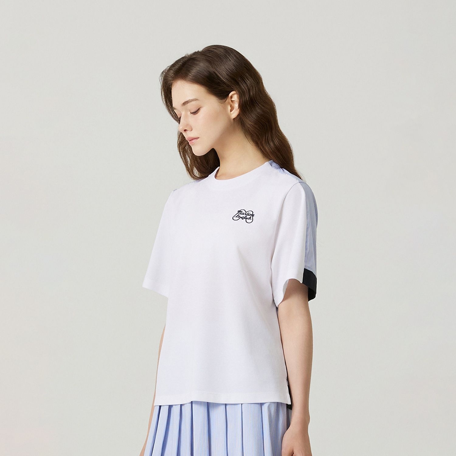 마틴골프 [정상가 238000원]여성 스트라이프 우븐 믹스 티셔츠 O/화이트 (QW0FTTR21330)