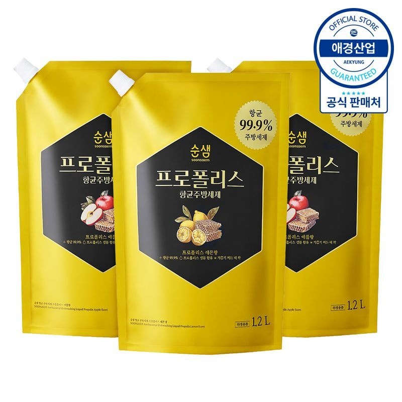 애경 [애경] 순샘 프로폴리스 항균 주방세제 리필 1.2L x3개