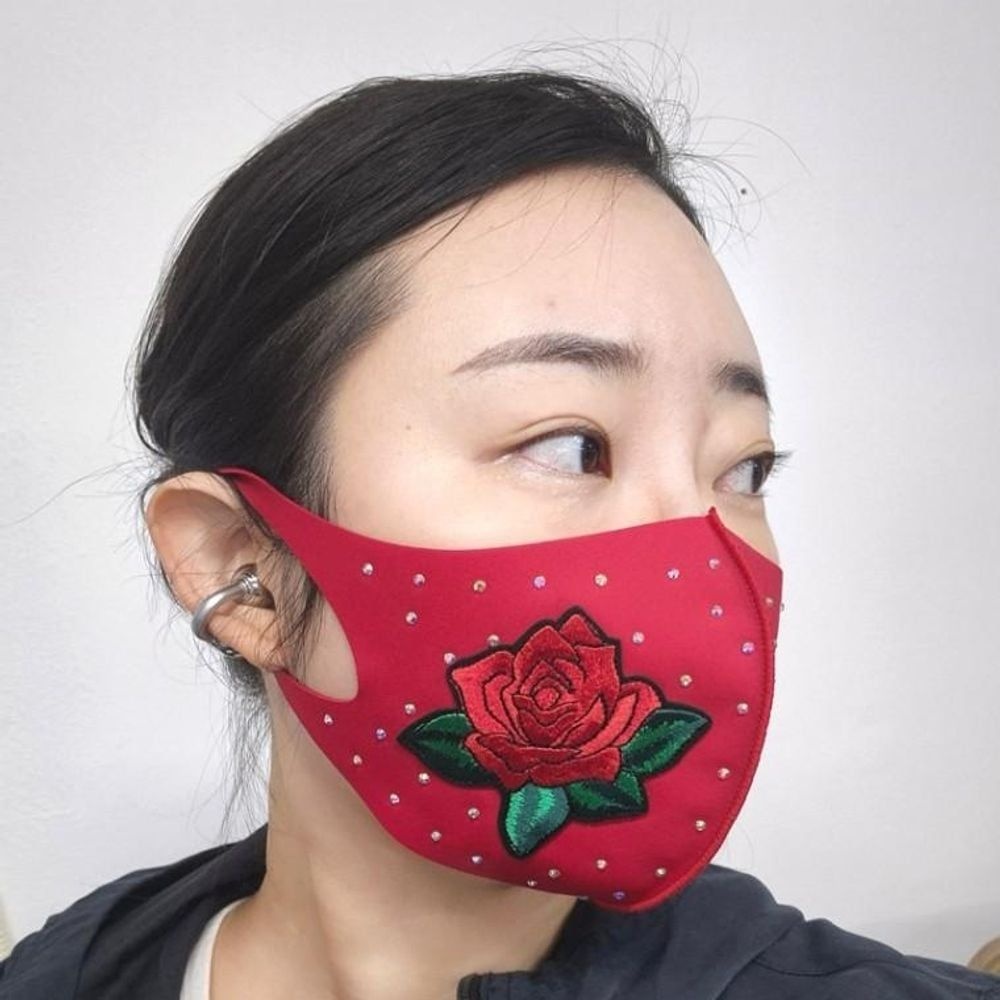장미자수 큐빅 레드 패션마스크 국내제작