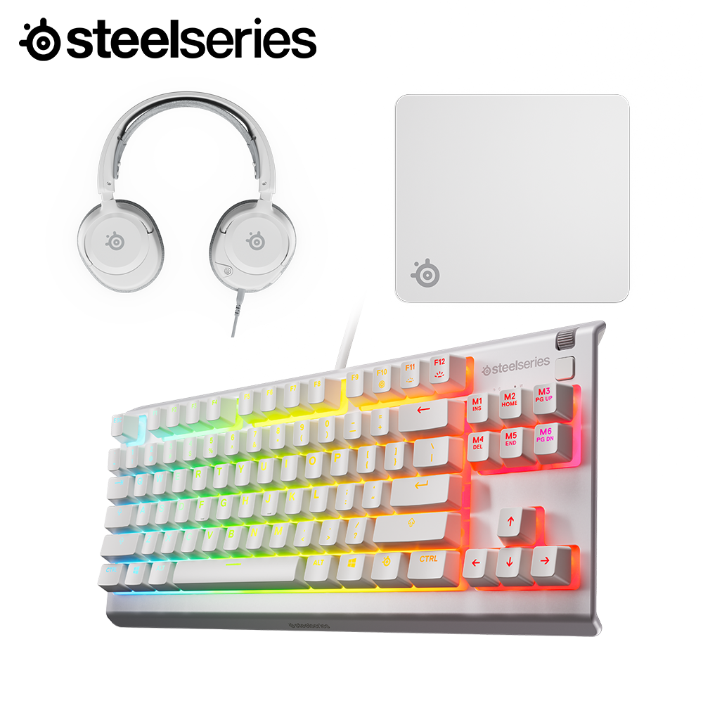 [화이트 세트] 스틸시리즈 Arctis Nova 1 헤드셋 + Apex 3 TKL US 키보드 Qck 마우스패드 L