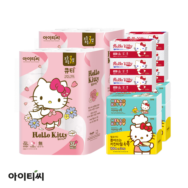 헬로키티 [헬로키티] 큐티세트 3겹 화장지 60롤 + 팝업티슈 레드 6개 +키친타올 톡톡 6개