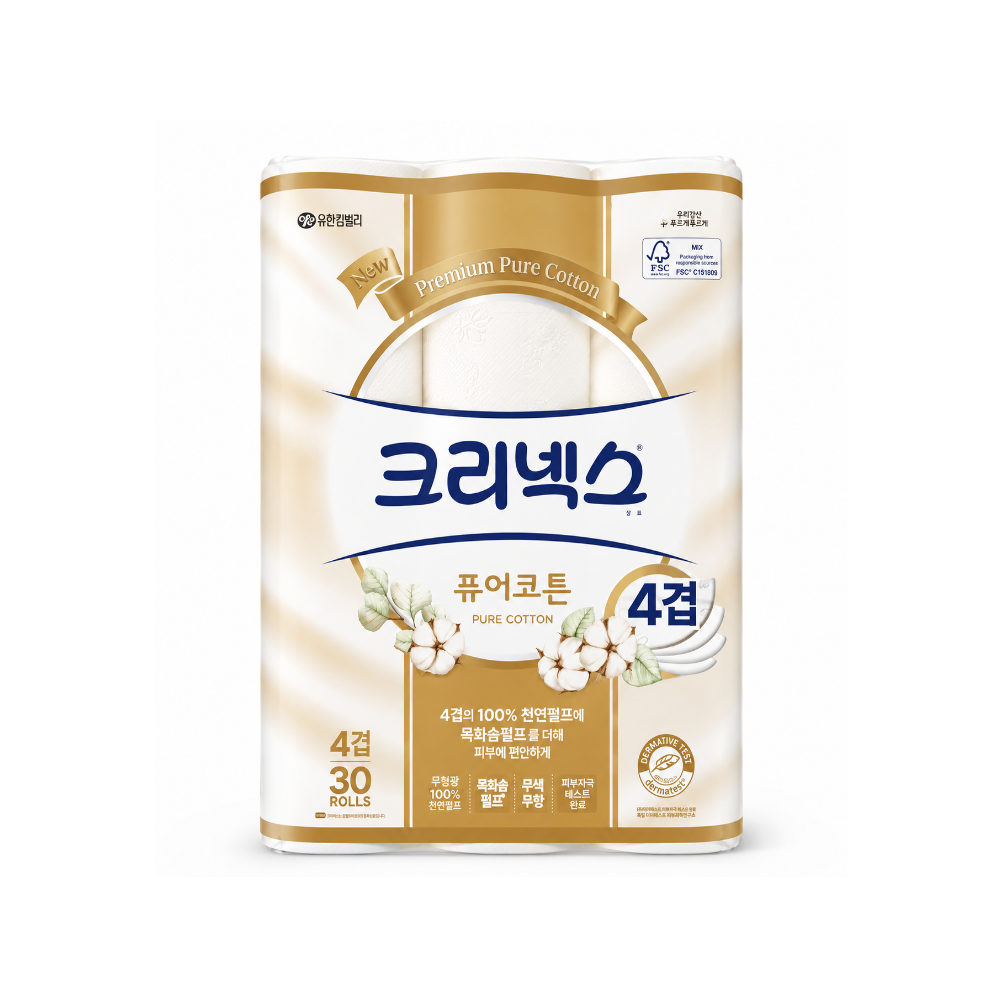 크리넥스 4겹 퓨어코튼 25M 30롤 2팩 화장지