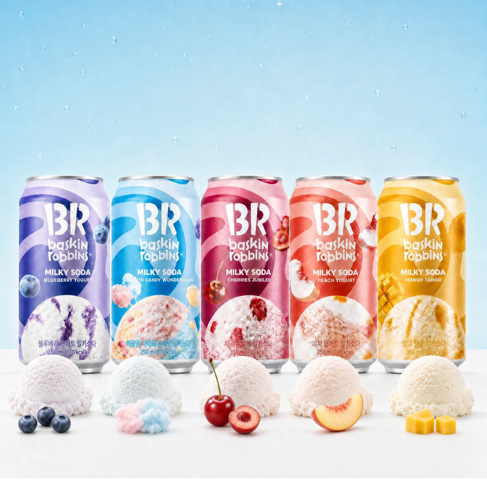 배스킨라빈스 캔음료 음료수 소다 밀키소다 350ml 6종 12개입 ( 이상한나라의솜사탕 / 체리쥬빌레 망고탱고 아빠는