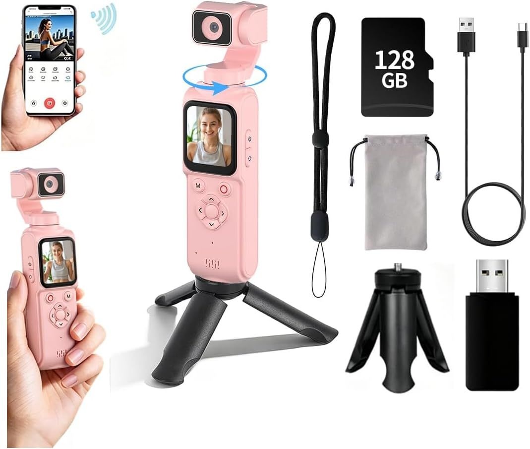 330° 회전 렌즈와 얼굴 추적 기능이 있는 4K 브이로깅 카메라, WiFi 지원 유튜브·틱톡용 휴대용 포켓 짐벌 3축
