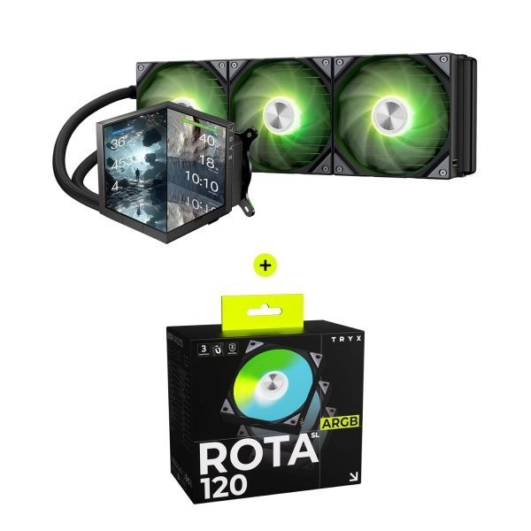 [해외] TRYX 트릭스 Stage 360 ARGB 듀얼 스크린 360mm 일체형 수랭 쿨러 ROTA SL 3in1 120mm 케이스 팬 번들 272062