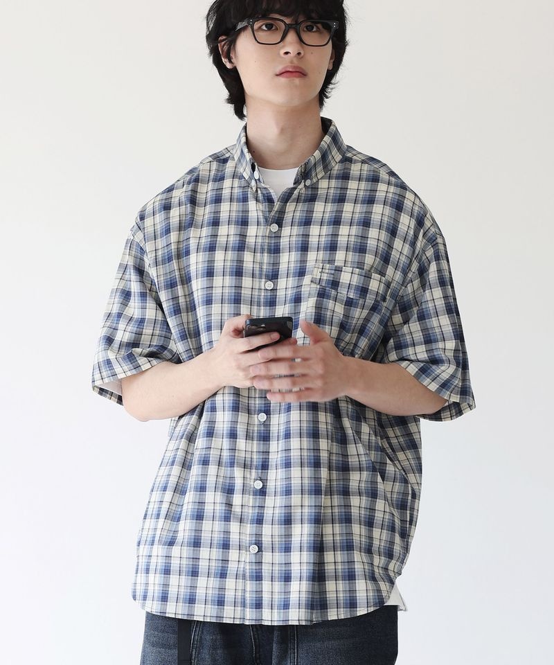 MODERMENT 매장정품 모더먼트 MODERMENT 핀 포켓 오버핏 체크 반팔 셔츠 블루 MM25CSbu 197424
