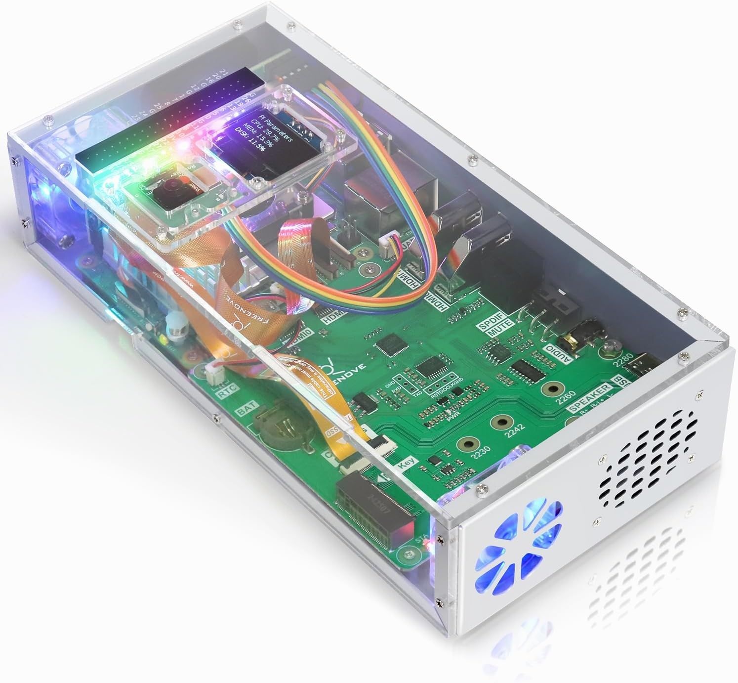 [해외] 냉각 팬이 장착된 라즈베리 파이 5용 프리노브 컴퓨터 케이스 키트, M.2 NVMe SSD 슬롯 1231 MB/s, 5MP 카메라, 0.96 인치