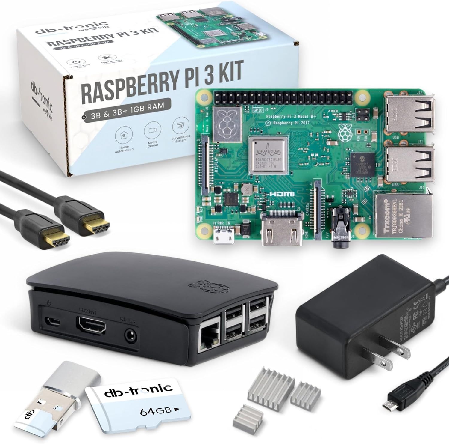 [해외] 라즈베리 파이3 B+ 1GB 스타터 키트 | 64GB 에디션 전원 공급 공식 케이스 4K 마이크로 HDMI 케이블 1m 히트싱크 USB 리더