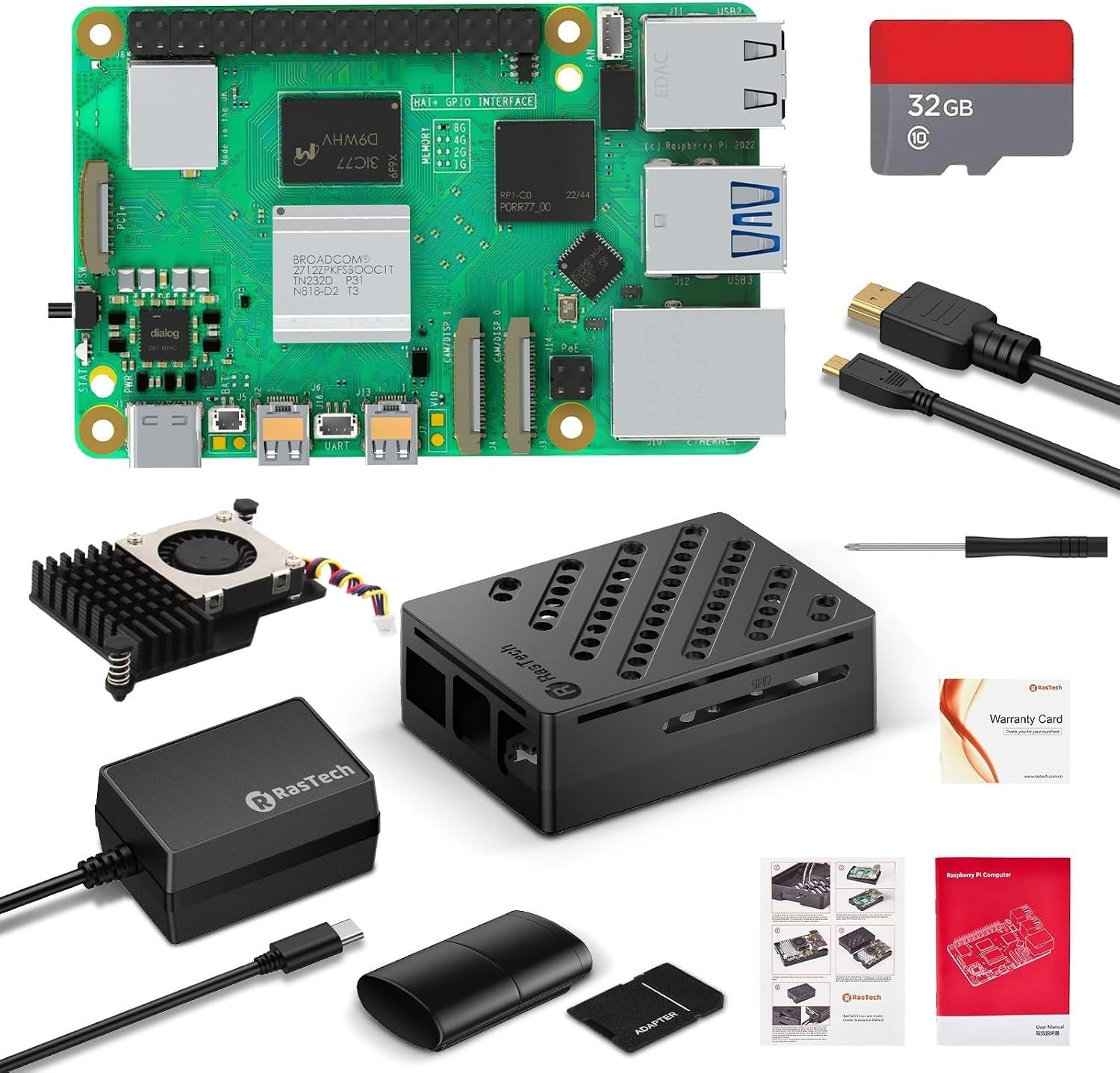 [해외] GaN 27W 5.1V5A USB-C 전원 공급 장치가 포함된 라즈베리 파이 5 8GB 키트, 액티브 쿨러, 32GB 카드 레더 4K 마이크로 HD