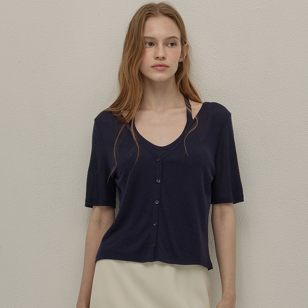 Linen combination cardigan - Navy [BE26HSTP004NY]