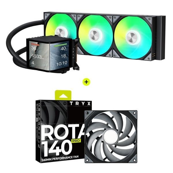 [해외] TRYX 트릭스 파노라마 360 ARGB 곡면 스크린 360mm 일체형 수랭 쿨러 ROTA PRO 140 고성능 LCP 케이스 팬 번들 298740