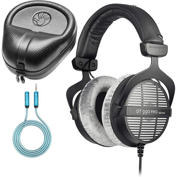 beyerdynamic [해외] 베이어다이나믹 DT 990 PRO 250옴 오픈형 헤드폰 번들 블루코일 6피트 연장 케이블 3.5mm 슬라파 풀사이즈 하드바디 케