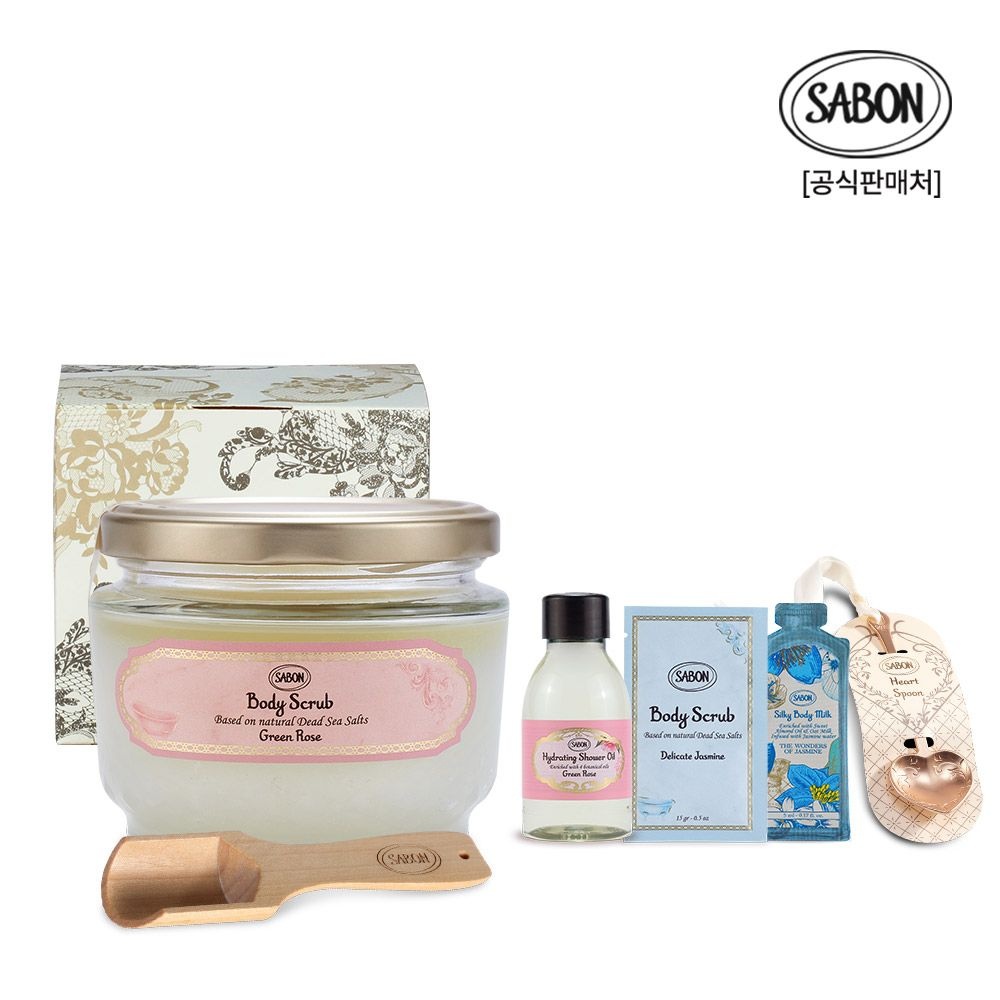 바디스크럽 그린로즈 320g (+샤워오일 50ml, 우드스쿱 외 3종)