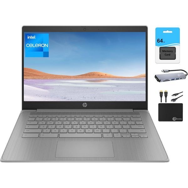 [해외] HP 크롬북 2024 최신 노트북 학생 업무용 14인치 HD 디스플레이 인텔 셀러론 N4120 프로세서 4GB RAM 128GB 저장공간 64GB eM