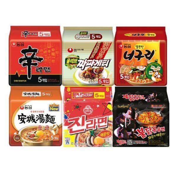 [셀러허브 식품] 봉지라면 멀티팩 6종 / 신라면 1팩+짜파게티 1팩+너구리 1팩+안성탕면 1팩+진라면 1팩+불닭볶음
