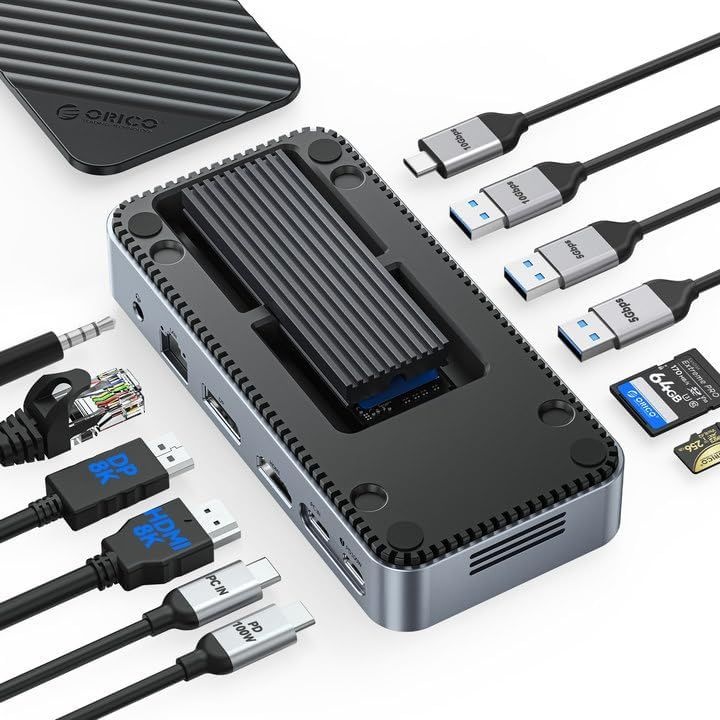 ORICO 12-in-1 USB C 허브(M.2 SSD 인클로저 포함) 10Gbps, 내장 팬, HDMI, DP, 기가비트 이더넷, 100W PD, SD/TF, 오디오/마이크, A