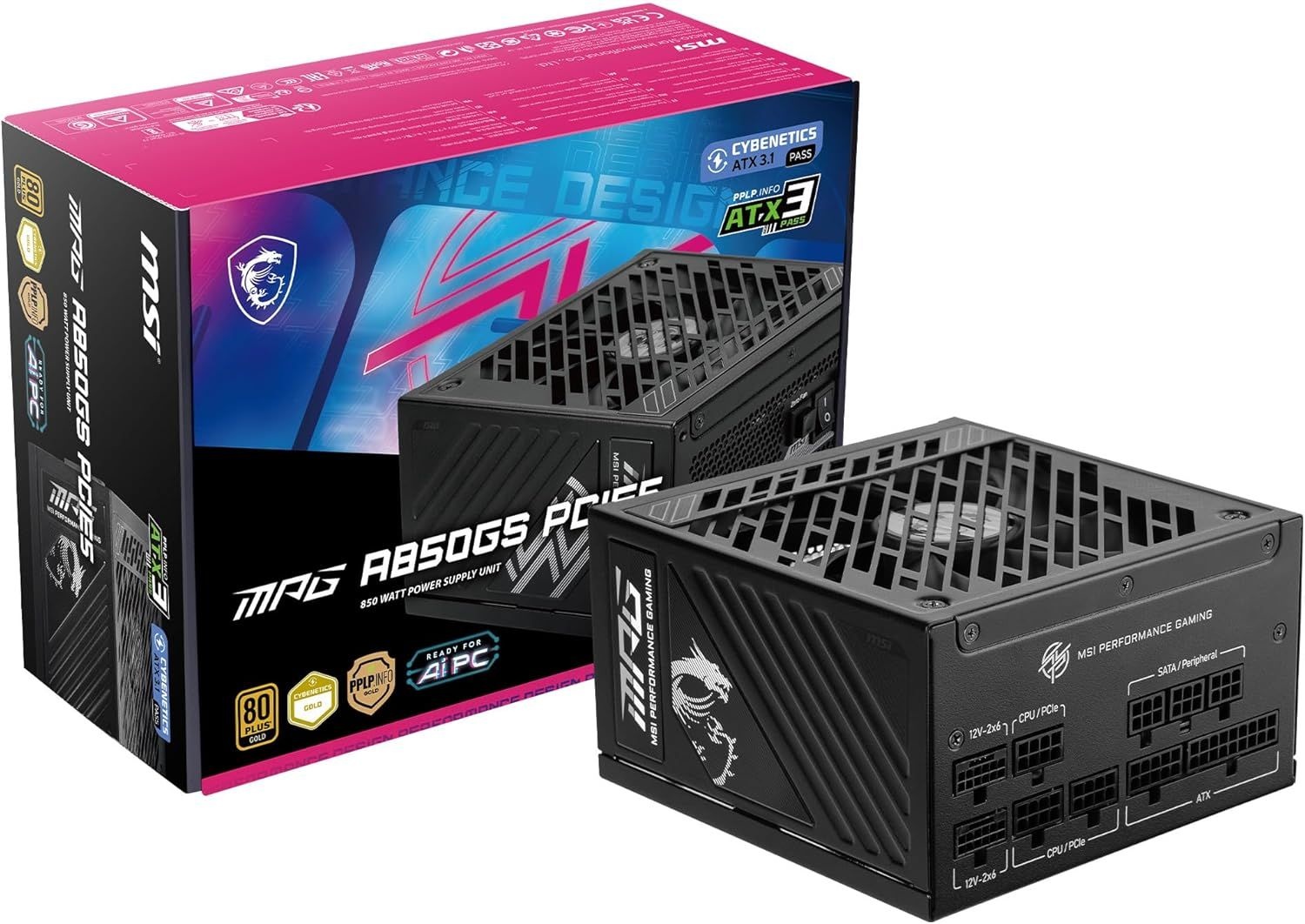 MSI MPG A850GS PCIE5, 완전 모듈형 게이밍 850W 전원 공급 장치, 80+ 골드, 듀얼 12V-2x6 케이블, 서버급 커패시터, ATX 3.1 및