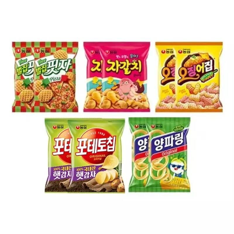 농심 벌집핏자 90g+자갈치 90g+오징어집 78g+포테토칩 오리지널 60g+양파링 80g 각 2개 (총 10개)