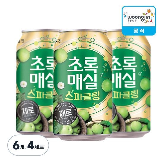 웅진식품 초록매실 스파클링 제로 캔 350ml, 6개, 4세트 503696