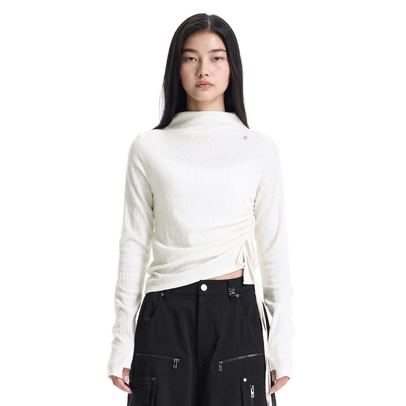 TREEMINGBIRD TREEMINGBIRD String Ribbed Mock Neck Long Sleeve T-Shirt Ivory 1420456