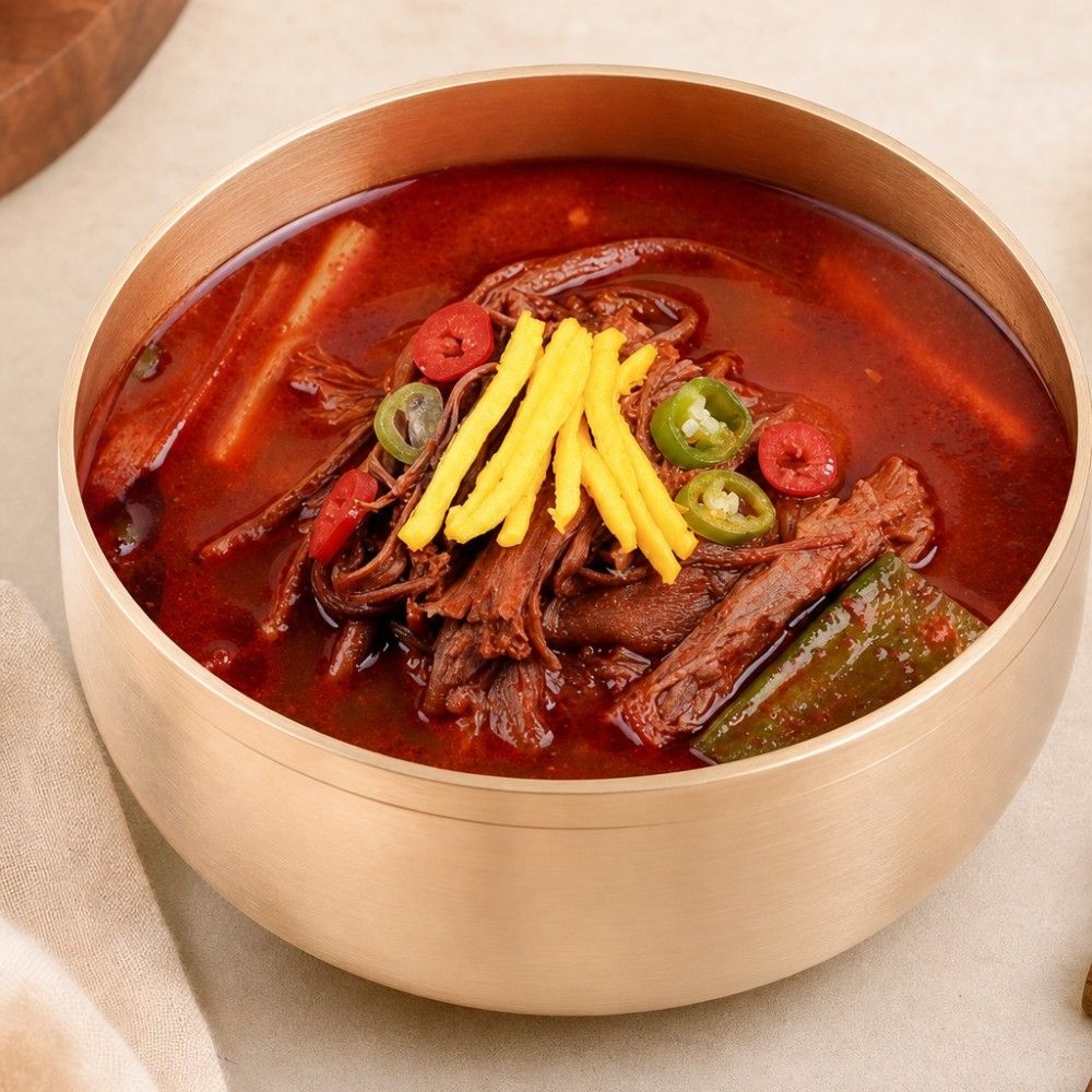 [20%쿠폰가 1팩 4,700원~] 호텔식 육개장의 진한 깊은 맛, 명인의 얼큰 육개장 600g*3팩/5팩, 감자수제비 추가 옵션