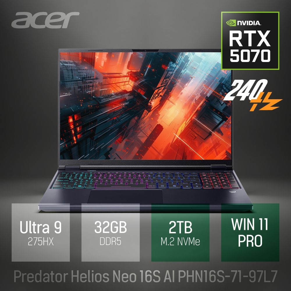 에이서 ⓒ 에이서 프레데터 헬리오스 네오 16S 슬림 AI PHN16S-71-97L7 32GB 2TB WIN11 / 고성능 게임 노트북