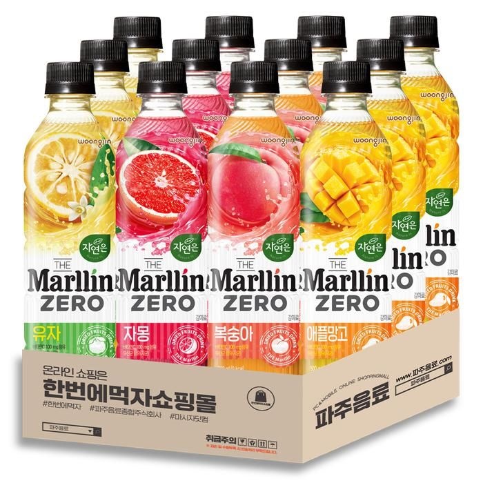 웅진 자연은 더말린 제로 500ml 4종 혼합 각 3개씩 / 애플망고 + 복숭아 + 자몽 + 유자 / 총 12페트