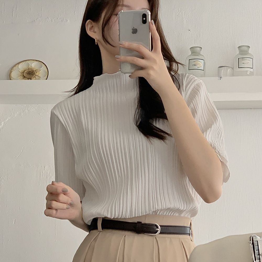 [핫핑][2타입][시즌리스템][구김zero/하객룩추천][MADE] 포렌 플리츠 프릴 반폴라 티셔츠 블라우스(44~110)