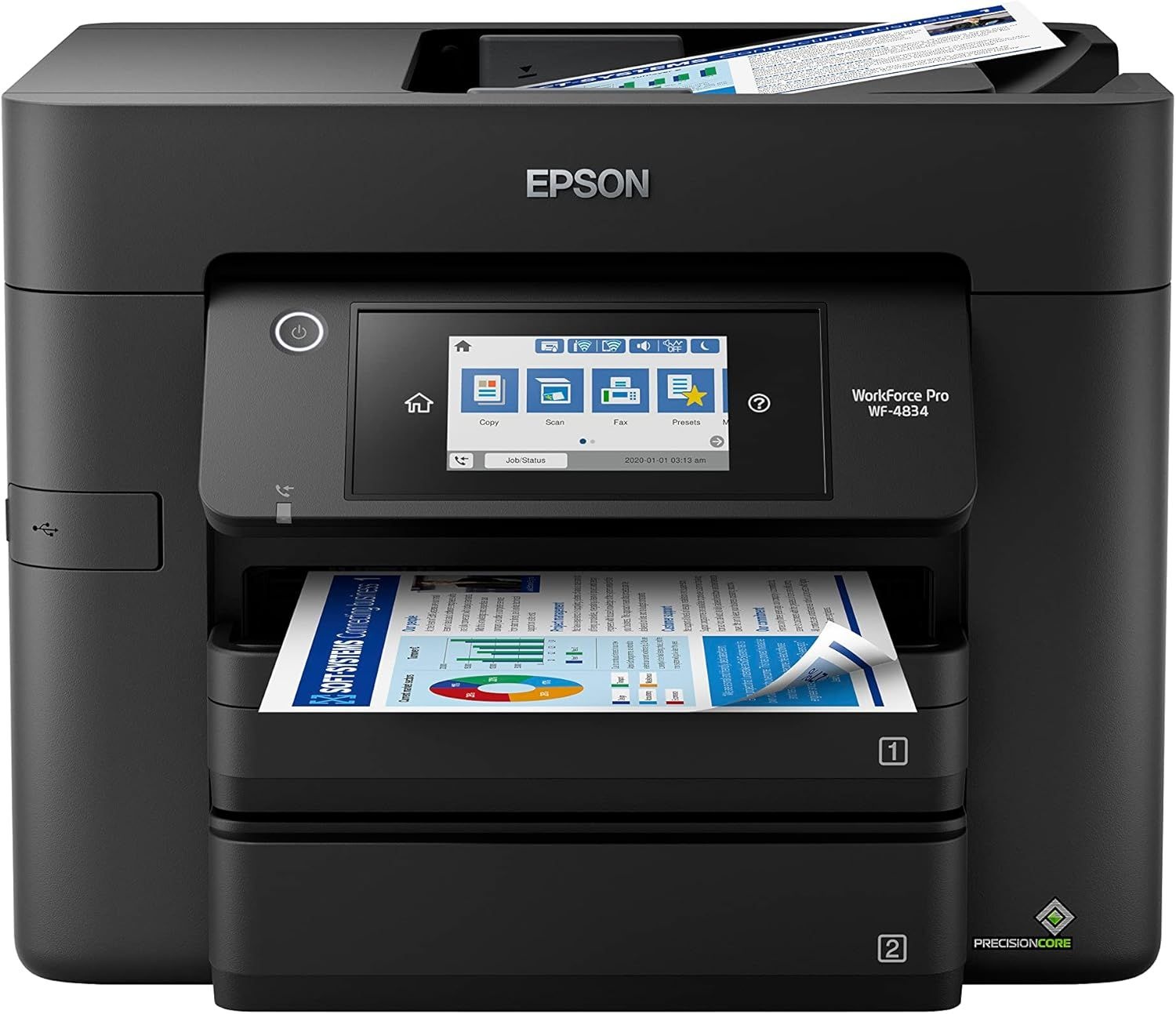 Epson Workforce WF4834 무선 올인원 프린터 자동 양면 스캔 및 팩스 50페 ADF 500장 용지 4.3인치 컬러 터치스크린