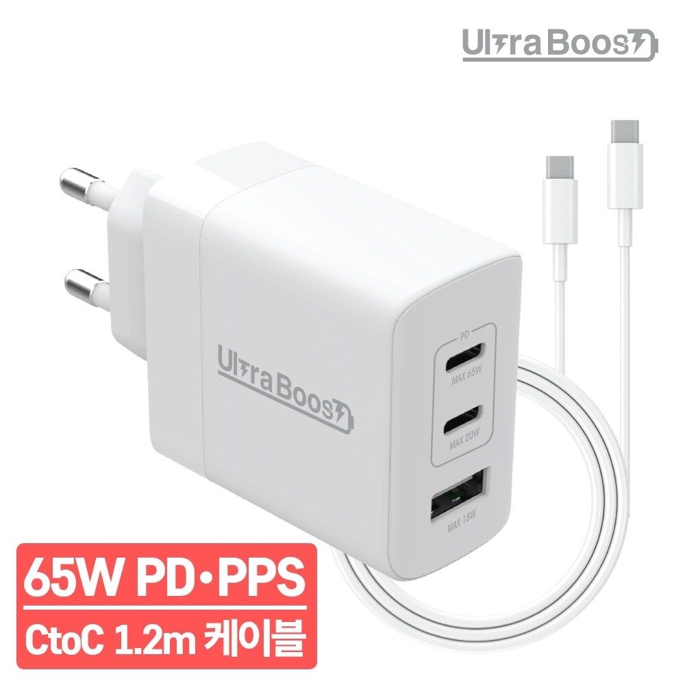 크레앙 울트라부스트 65W PD/PPS 3포트 초고속 충전기 CtoC 1.2m 케이블 포함(ULTCH3P65CC)