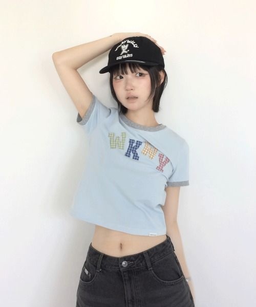 와키윌리 [유빈 x ] 우먼스 슬림 베이비핏 링거 반팔티셔츠 스카이블루 WA2602STM6SB 6840749