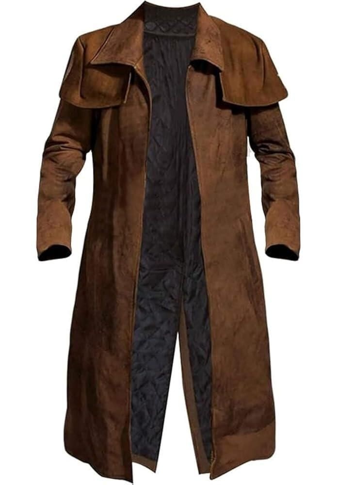 [해외] New Vegas 남성용 브라운 더스터 코트 - 베테랑 레인저 카우보이 가죽 아머 로고가 없는 플레인 스웨이드 스몰 [호환