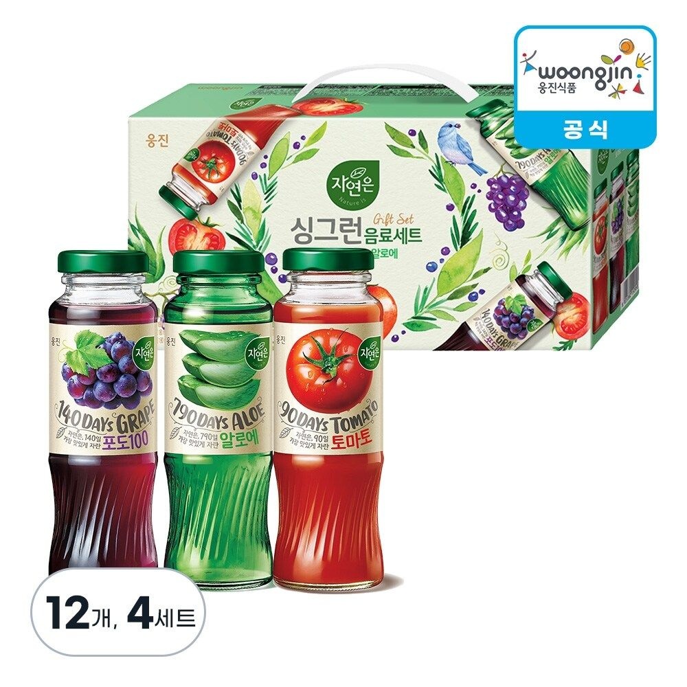 웅진식품 자연은 싱그런 음료세트 병 180ml, 12개, 4세트 (토마토 포도 알로에)