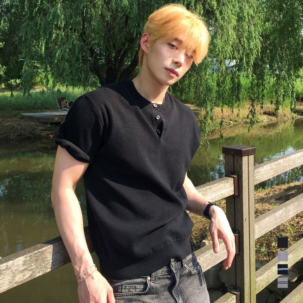 [ON]헨리넥 반팔 니트_4colors / 블랙,그레이,멜란지 그레이,네이비