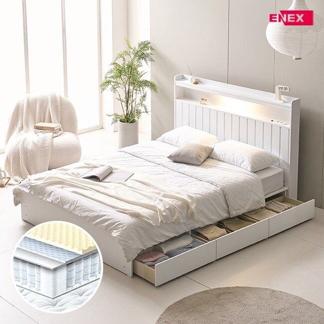 로제 LED 넉다운 3단서랍 벙커수납 침대 SS-한봉합 독립 화이트 매트리스