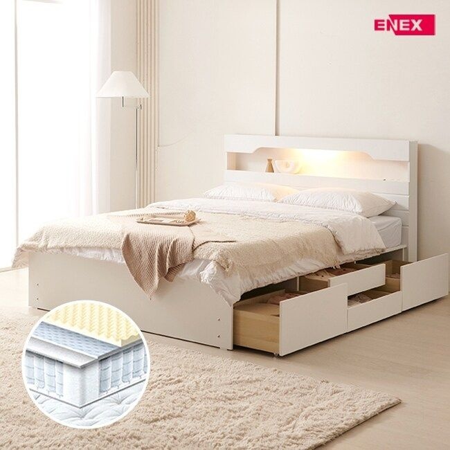 제니 LED 4단서랍 벙커수납 침대 SS-한봉합 독립 화이트 매트리스