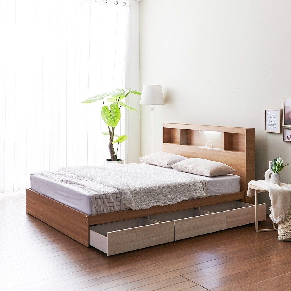 [착불] 우아미가구 모노 밀크 C타입 LED 3서랍 퀸 침대+55T 매트리스 FO5257