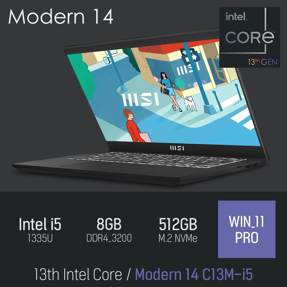 ⓒ MSI Modern 14 C13M-i5 i5-1335U 8GB 512GB WIN11 / 초경량 14인치 사무용 인강용 비즈니스 노트북