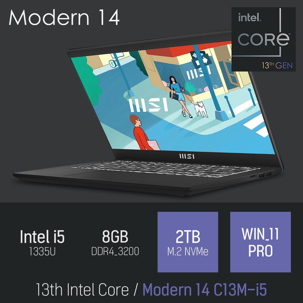 ⓒ MSI Modern 14 C13M-i5 i5-1335U 8GB 2TB WIN11 / 초경량 14인치 사무용 인강용 비즈니스 노트북