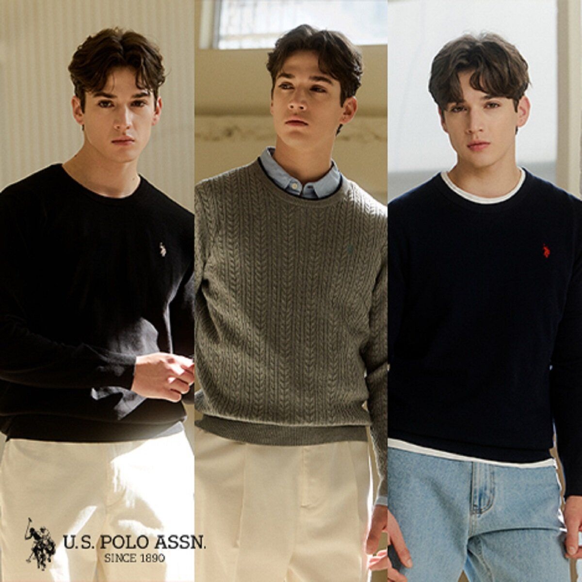 [TV상품]26SS] USPA 남성 긴팔 라운드니트 3종세트(케이블1종+플레인2종)
