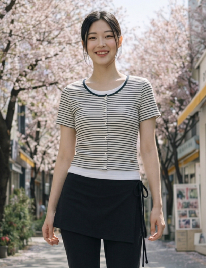 HANGTEN 행텐 HANGTEN 여성 스트라이프 가디건 레이어드 반팔 티셔츠00310570-131-411-69 398472