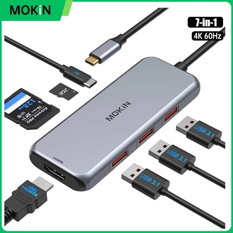UnKnown [해외] 노트북 멀티포트 C타입 MOKIN USB C 허브 3.1-HDMI 4K/60Hz SD 100WPD 충전 어댑터 도크 스플리터 아이패드 프로 에어 PC 액세