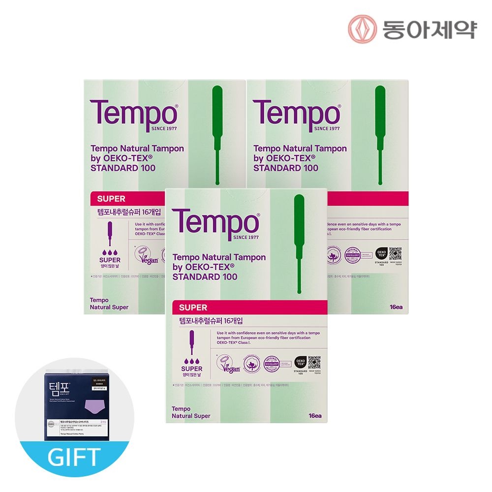 템포 템포 내추럴 순면 탐폰 슈퍼 16p X 3팩 + 입오버 3p