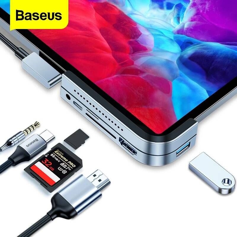 UnKnown [해외] 노트북 멀티포트 C타입 Baseus USB 유형 C 허브 iPad Pro 5 4K HD HDMI 호환 도킹 스테이션 3.0 PD USBC 어댑터