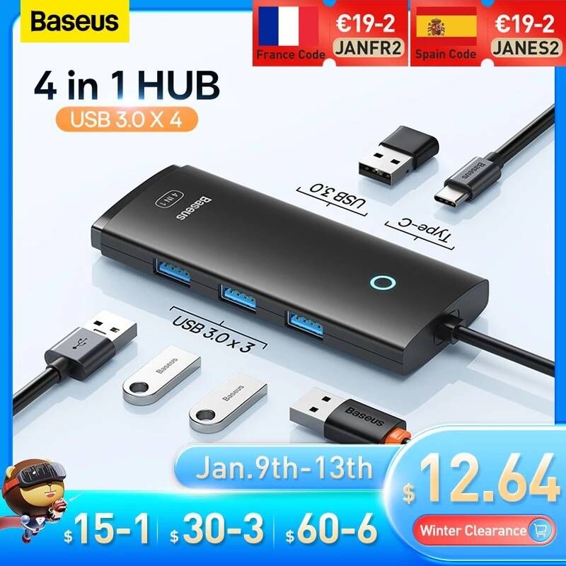 UnKnown [해외] 노트북 멀티포트 C타입 Baseus-Lite 시리즈 4 포트 USB 허브 어댑터 프로 아이패드 도킹 스테이션 3.0 분배기