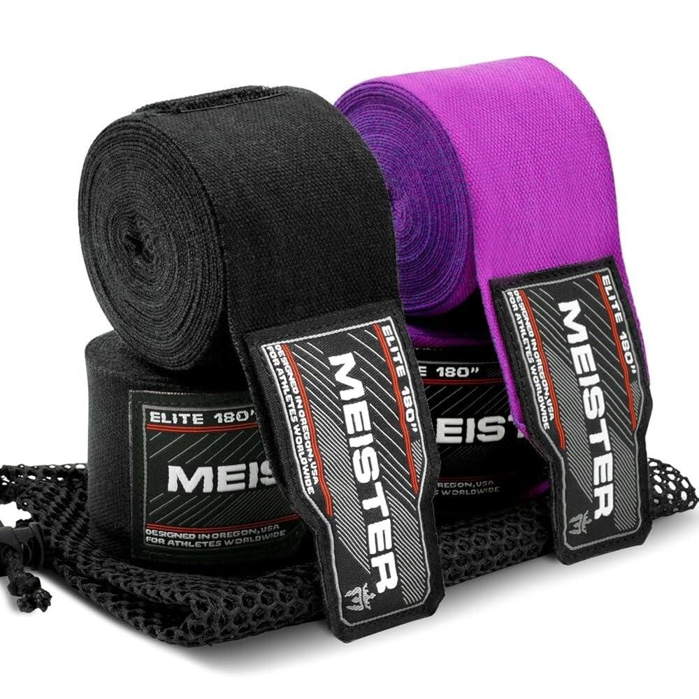 [해외] Meister Elite MMA 복싱용 457.2cm180인치 프리미엄 성인용 핸드 랩 - 메시 백 포함 2쌍 팩 블랙/로열 퍼플 [호환]