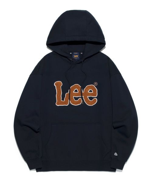 리 LEE 부클 치 로고 기모 후드 티셔츠 네이비