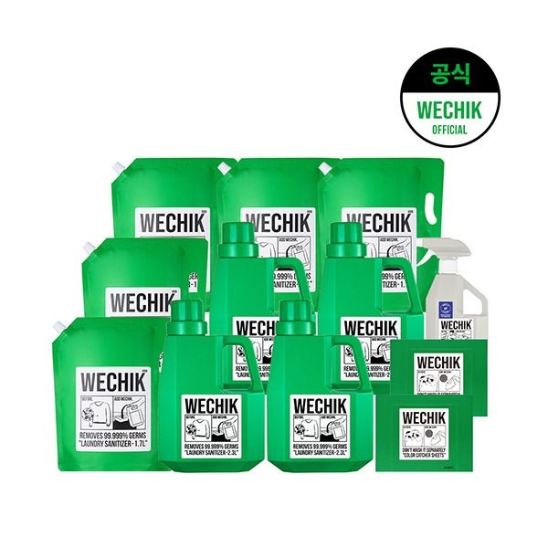 [위칙] [선공개] 소독 섬유유연제 2.3L 4개 + 리필 1.7L 5개 + 섬유탈취제 500ml 1개 + 이염방지시트 30매 2개